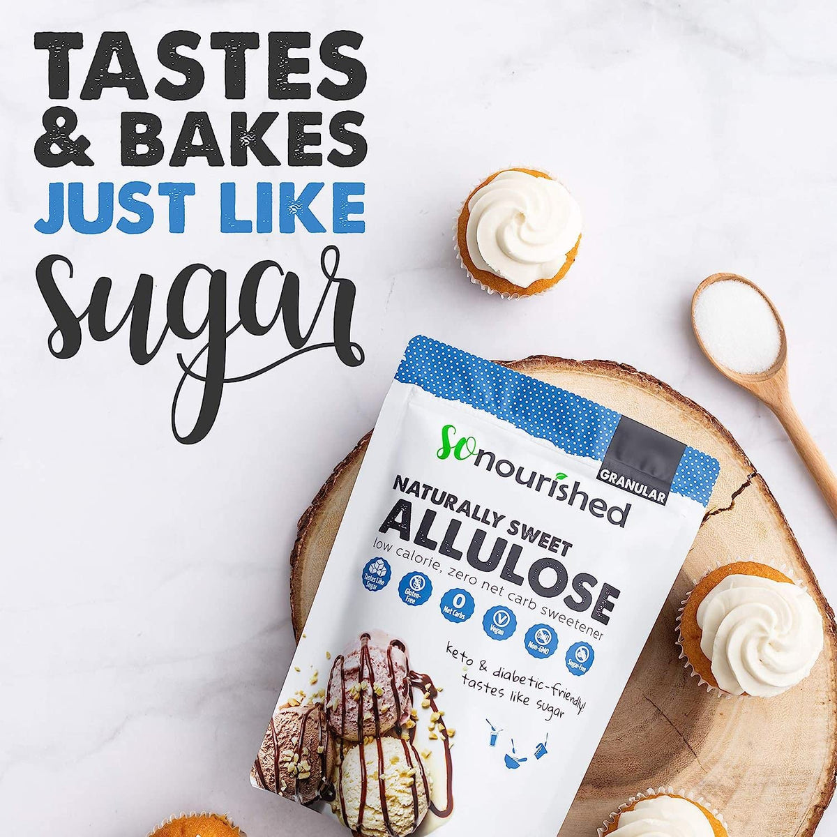 So Nourished Allulose Sweetener granular measuring spoon – precise dosing for baking and beverages.