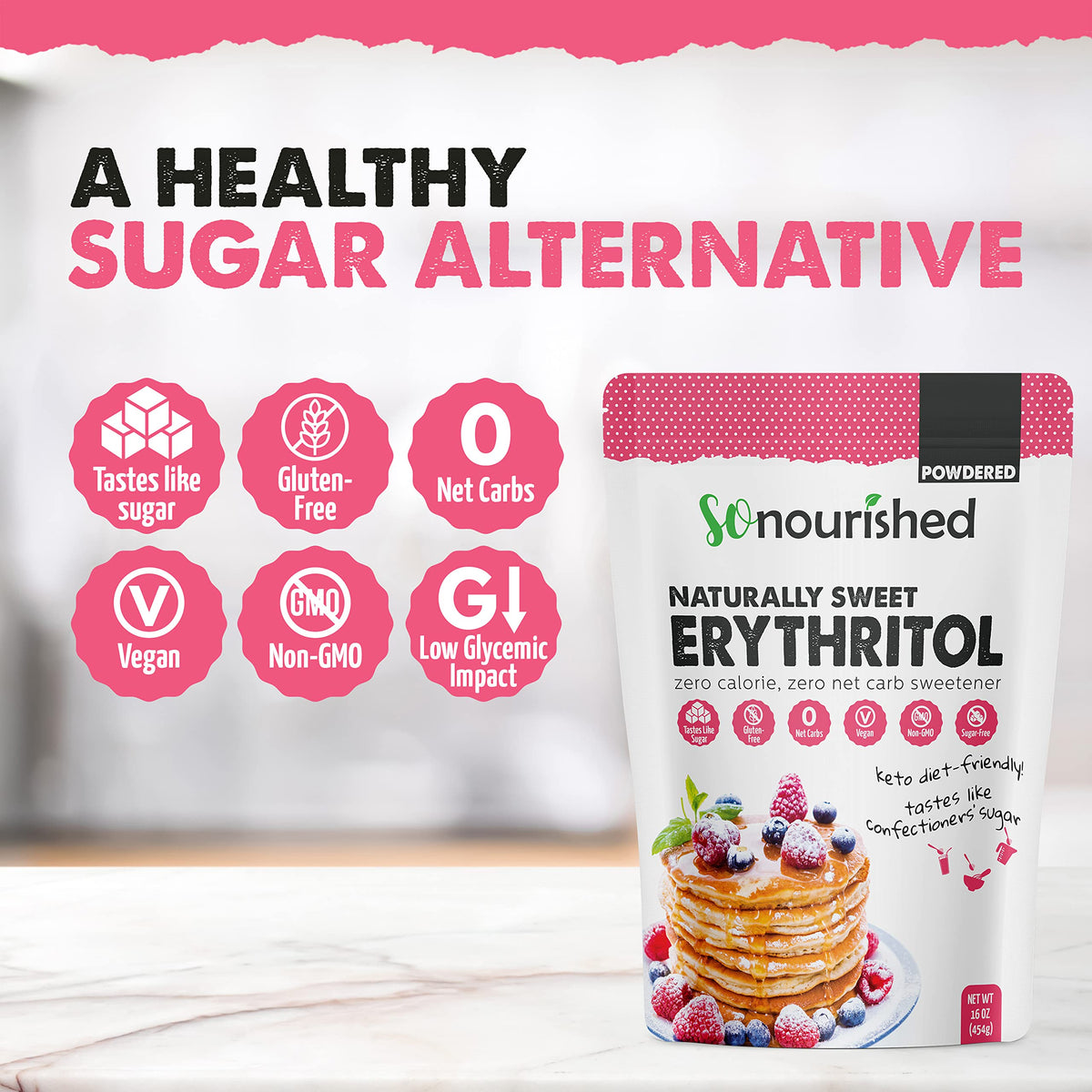 So Nourished packaging box highlights zero calories and keto compatibility.