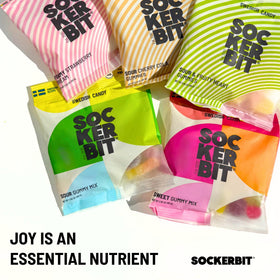 Sockerbit fruity hearts bag showcases bright shapes and fruity zing.