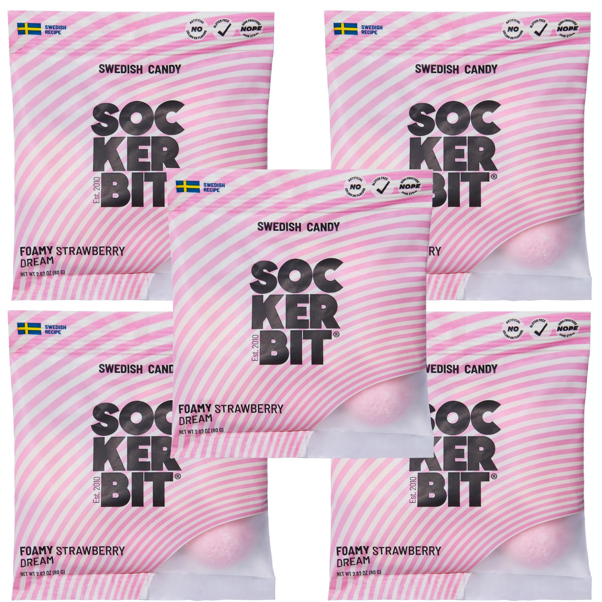 Sockerbit-soft-strawberry-marshmallow-core highlights a marshmallow-like center for a lighter chew.