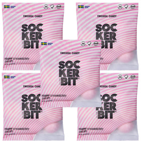 Sockerbit-soft-strawberry-marshmallow-core highlights a marshmallow-like center for a lighter chew.