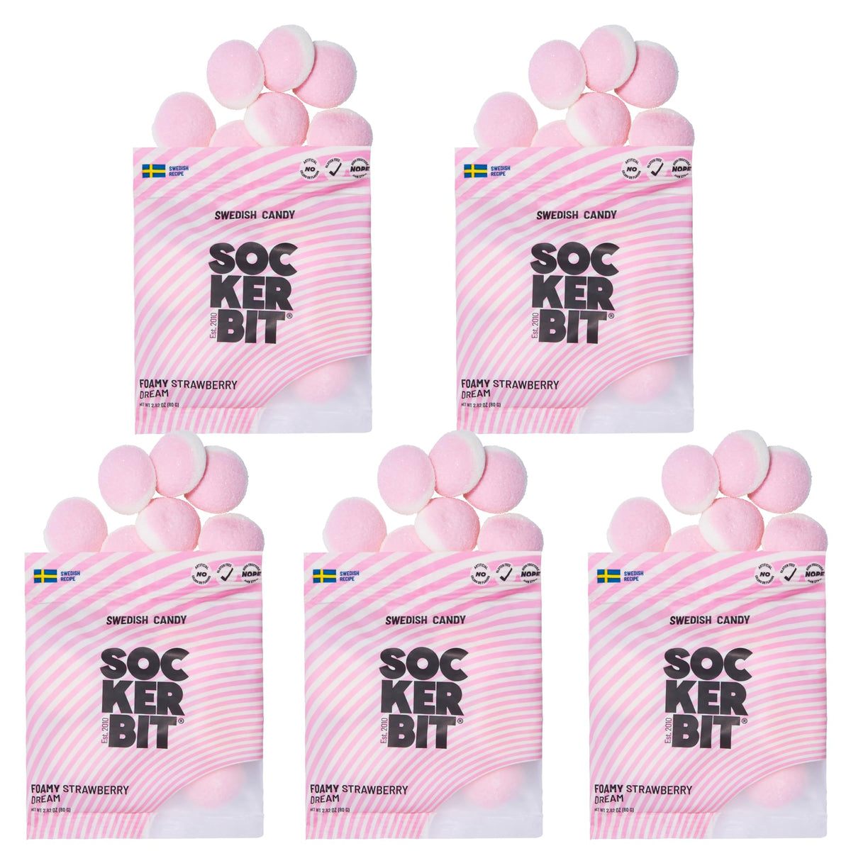 Sockerbit Strawberry Dream foamy candy shows a soft, airy texture with bright strawberry flavor.