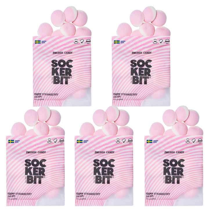 Sockerbit Strawberry Dream foamy candy shows a soft, airy texture with bright strawberry flavor.