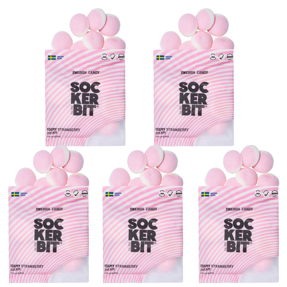 Sockerbit Strawberry Dream foamy candy shows a soft, airy texture with bright strawberry flavor.