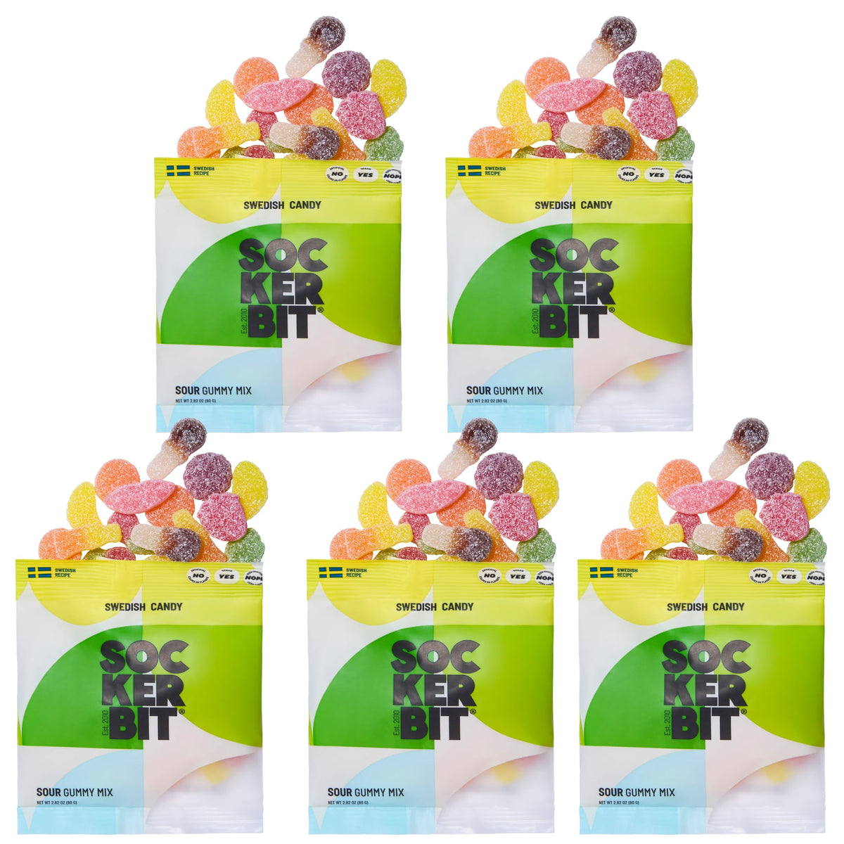 Sockerbit Swedish Sour Gummy Mix bag with assorted shapes and tangy flavors.