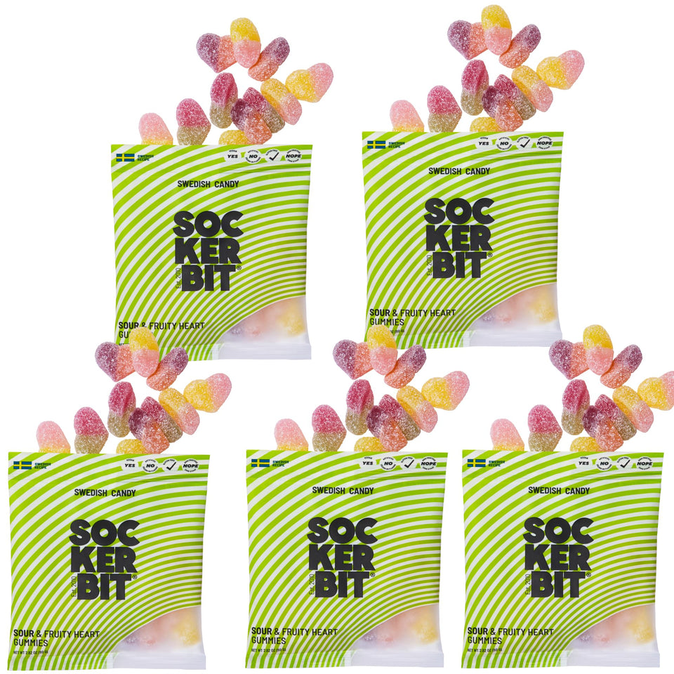 Sockerbit sour heart gummies, apple-cherry focus, great for sharing.