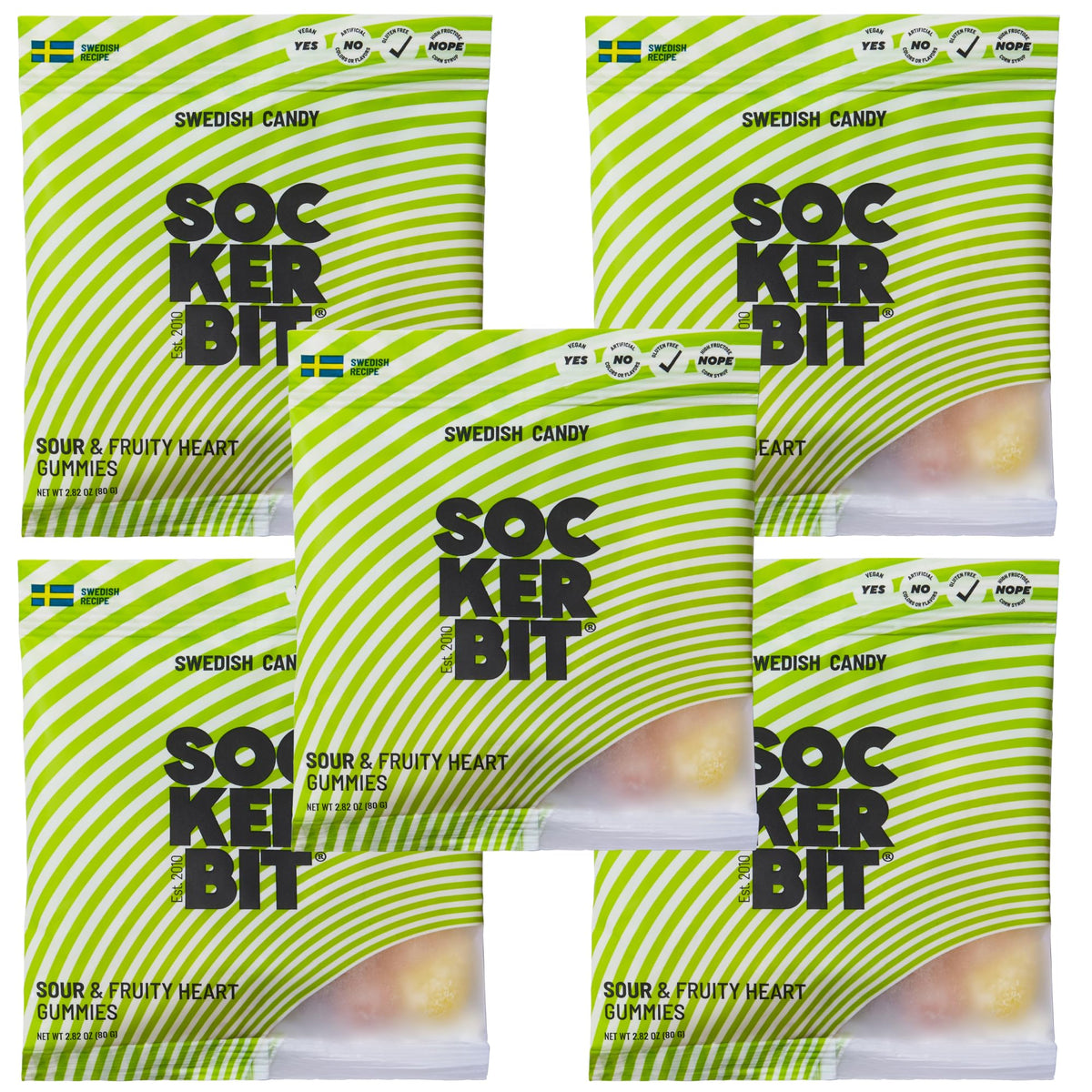 Sockerbit sour heart gummies, cassis-peach focus, ideal as a fruity treat.