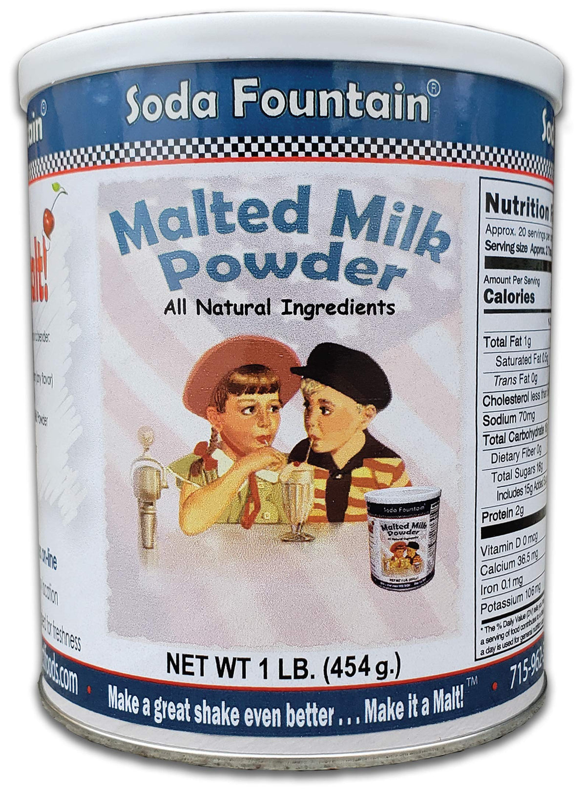 Soda Fountain malted milk powder canister front view for classic malts