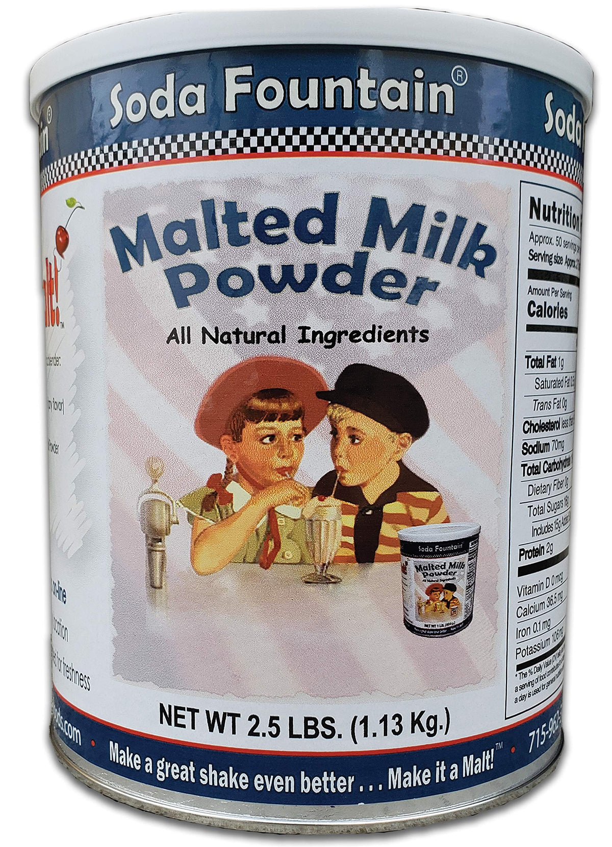Soda Fountain malted milk powder canister ready for shakes and baking at home