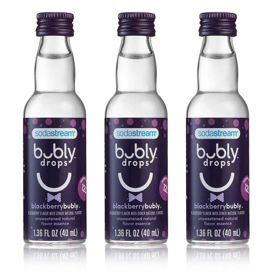 SodaStream Blackberry bubly Drops bottle labeled for unsweetened flavor addition to sparkling water.
