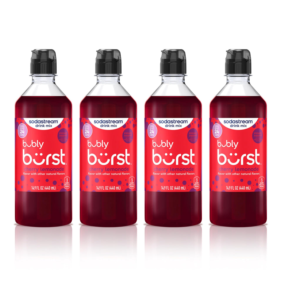 SodaStream Bubly Burst Cherry Lemonade easy-pour bottle for mess-free flavoring.