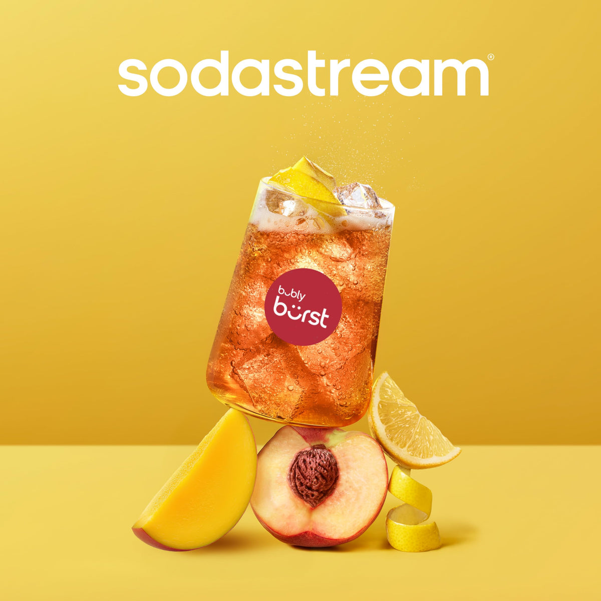 SodaStream Bubly Burst Peach Mango on kitchen counter ready to mix