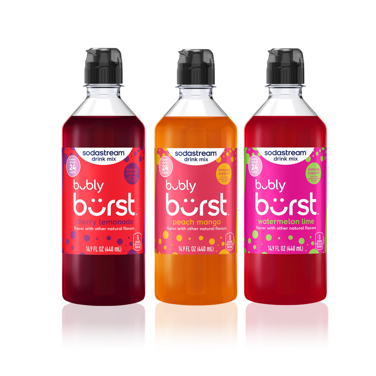 SodaStream Bubly Burst pour bottle with variety to enhance home beverages.