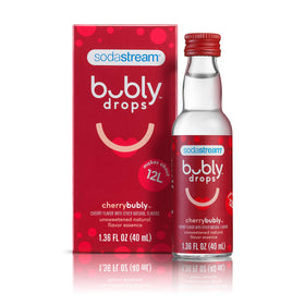 Close-up of SodaStream bubly Drops Cherry bottle highlighting flavor drops.