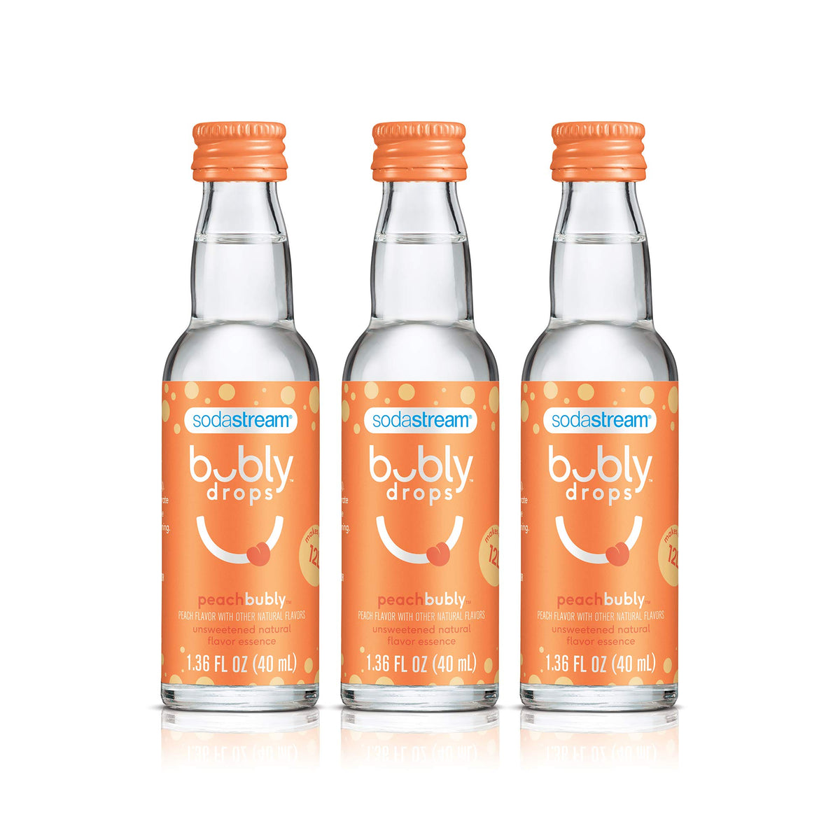 SodaStream bubly Drops Peach bottle delivers peach flavor for sparkling water at home.