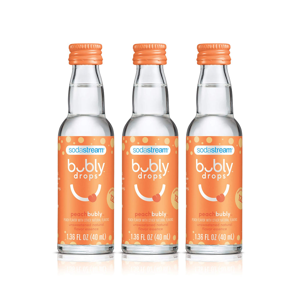 SodaStream bubly Drops Peach bottle delivers peach flavor for sparkling water at home.