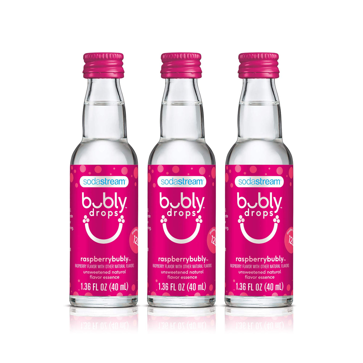 SodaStream Bubly Drops Raspberry 3-pack bottle display for home flavoring.
