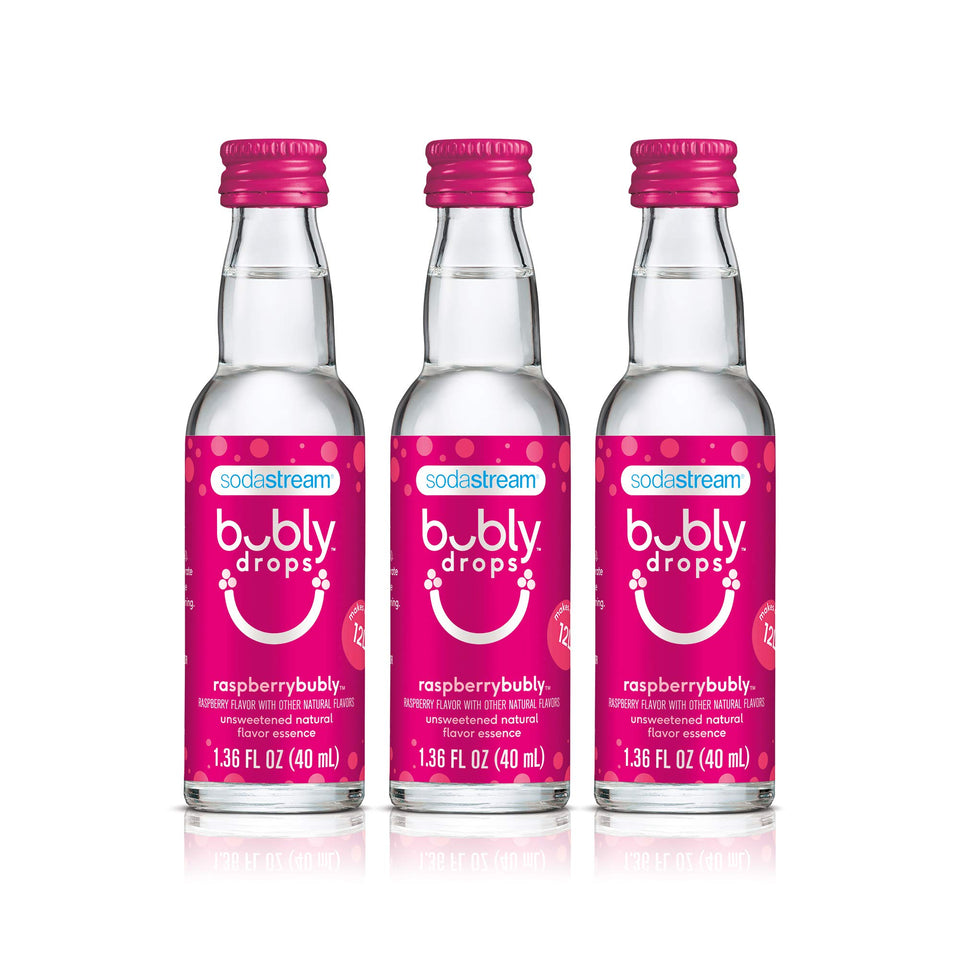 SodaStream Bubly Drops Raspberry 3-pack bottle display for home flavoring.