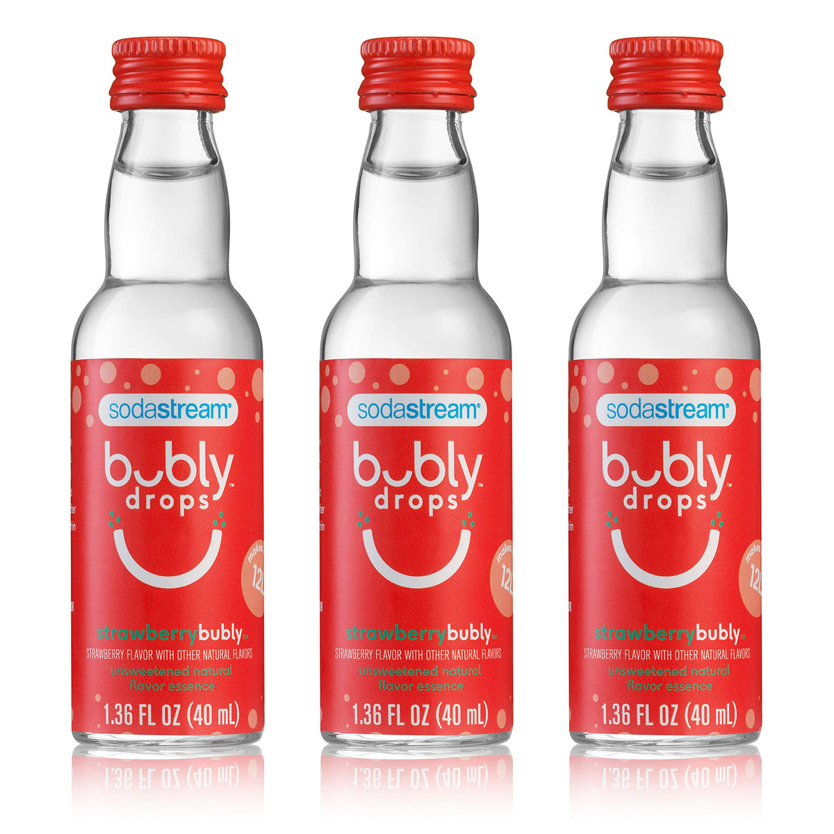 SodaStream Bubly Drops Strawberry bottle close-up, previewing fresh unsweetened flavor for home mixing