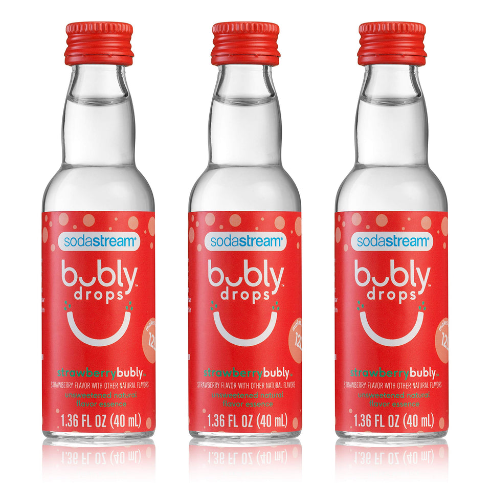 SodaStream Bubly Drops Strawberry bottle close-up, previewing fresh unsweetened flavor for home mixing