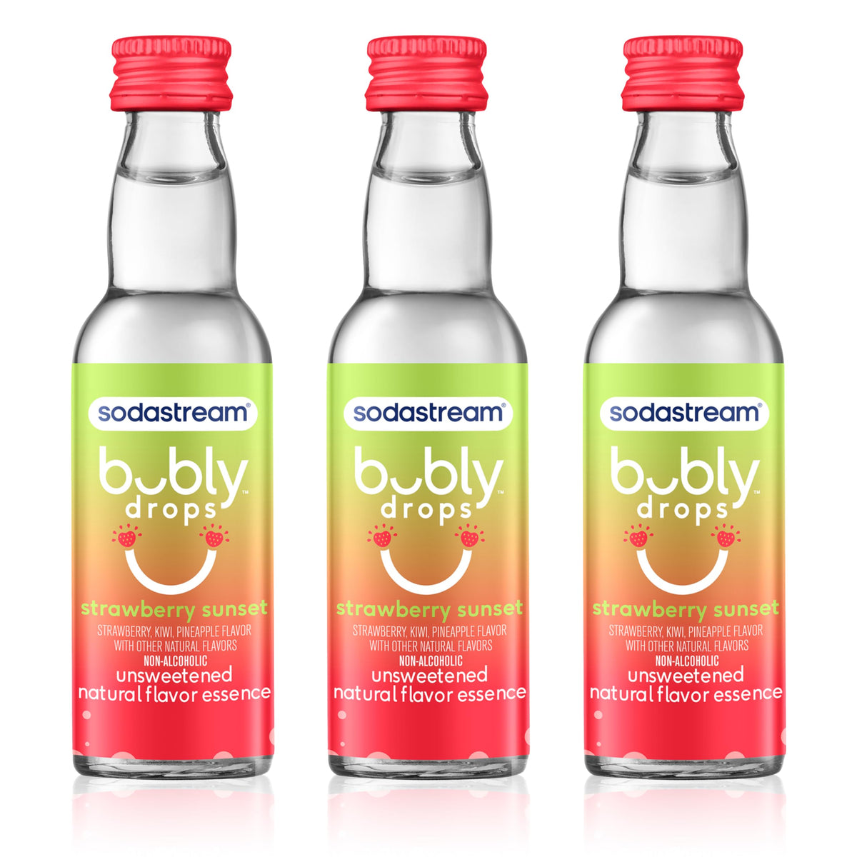 Sodastream bubly Drops Strawberry Sunset bottle showing zero calorie flavoring for sparkling water