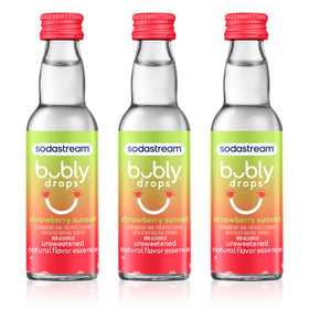 Sodastream bubly Drops Strawberry Sunset bottle showing zero calorie flavoring for sparkling water