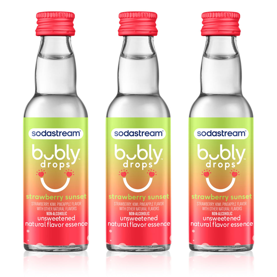 Sodastream bubly Drops Strawberry Sunset bottle showing zero calorie flavoring for sparkling water