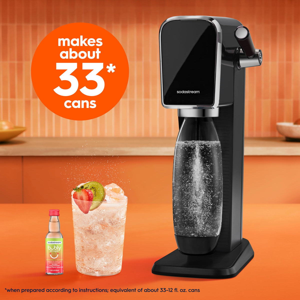 Glass of Sodastream bubly Drops Strawberry Sunset with lively bubbles