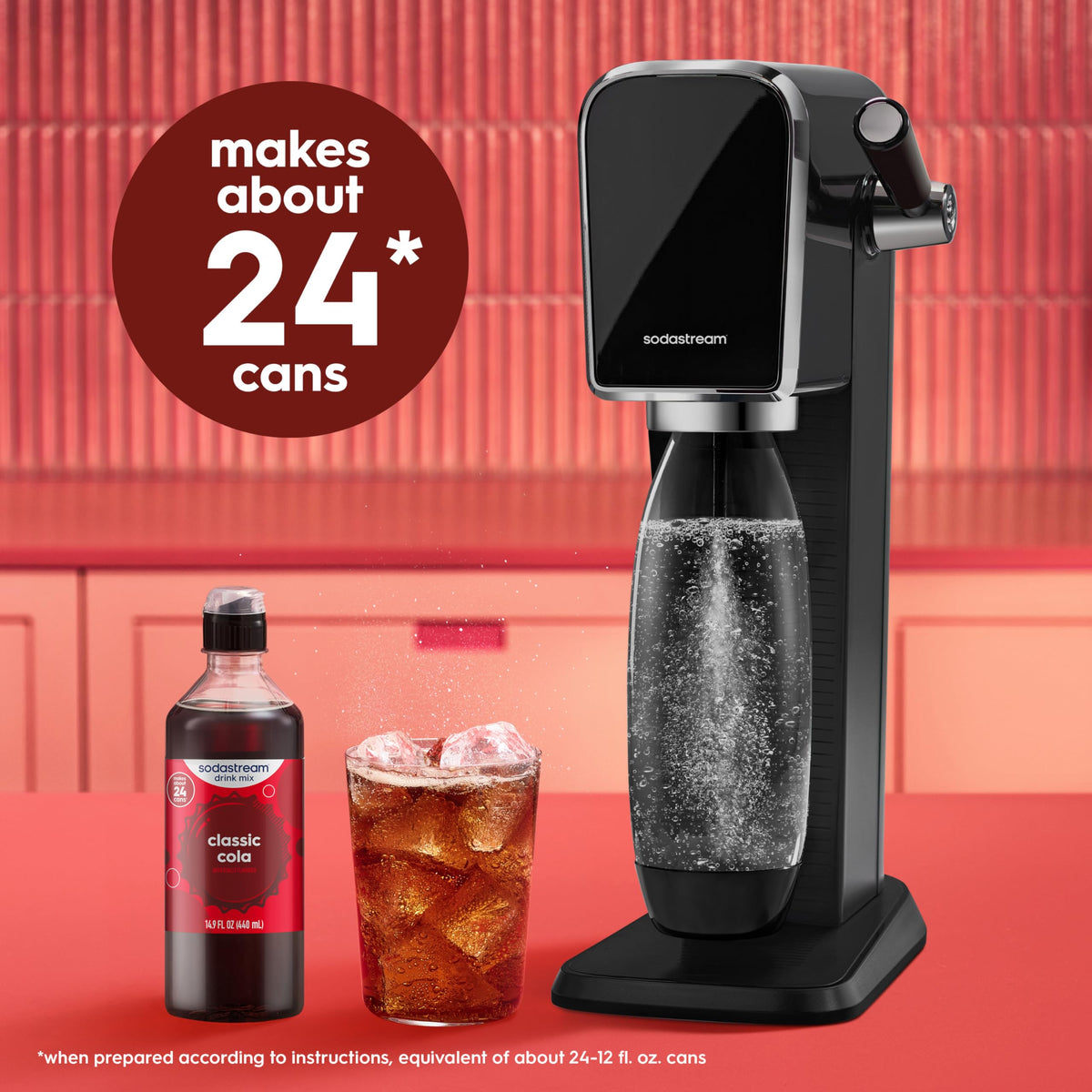 SodaStream Classics Cola pouring into a glass with fizz.