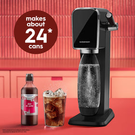 Sodastream Classic Diet Dr Pete New Pour bottle beside a glass of sparkling water