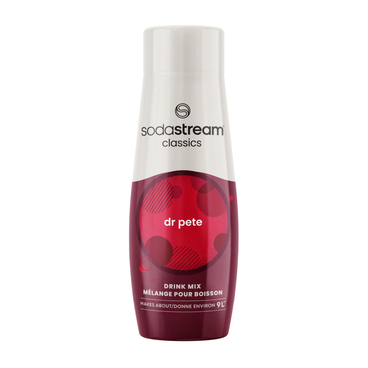 Sodastream Dr. Pete syrup bottle for sparkling beverages and flavor customization.