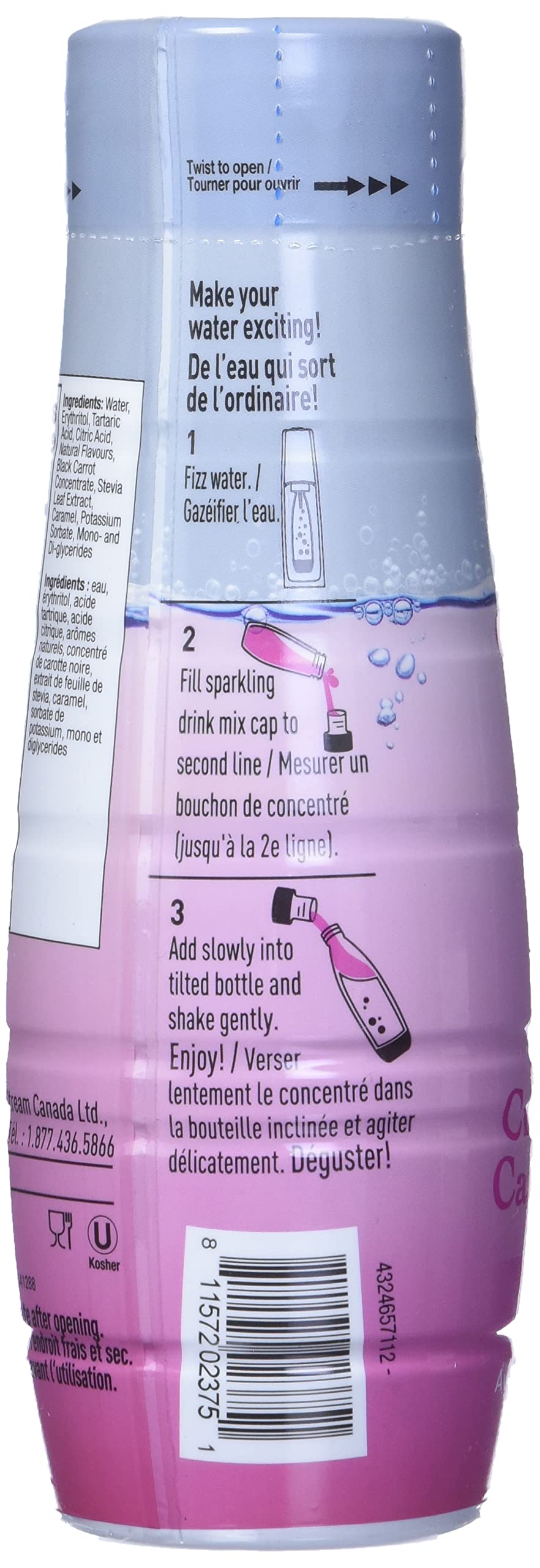 SodaStream Cranberry Raspberry syrup being poured into sparkling water for a refreshing, calorie-free drink.