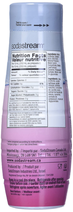 SodaStream Cranberry Raspberry Zero Calorie Syrup enhances at-home beverages with caffeine-free flavor.