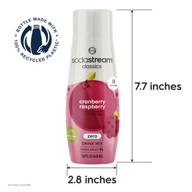 SodaStream Cranberry Raspberry bottle close-up emphasizing naturally flavored, sugar-free formula.
