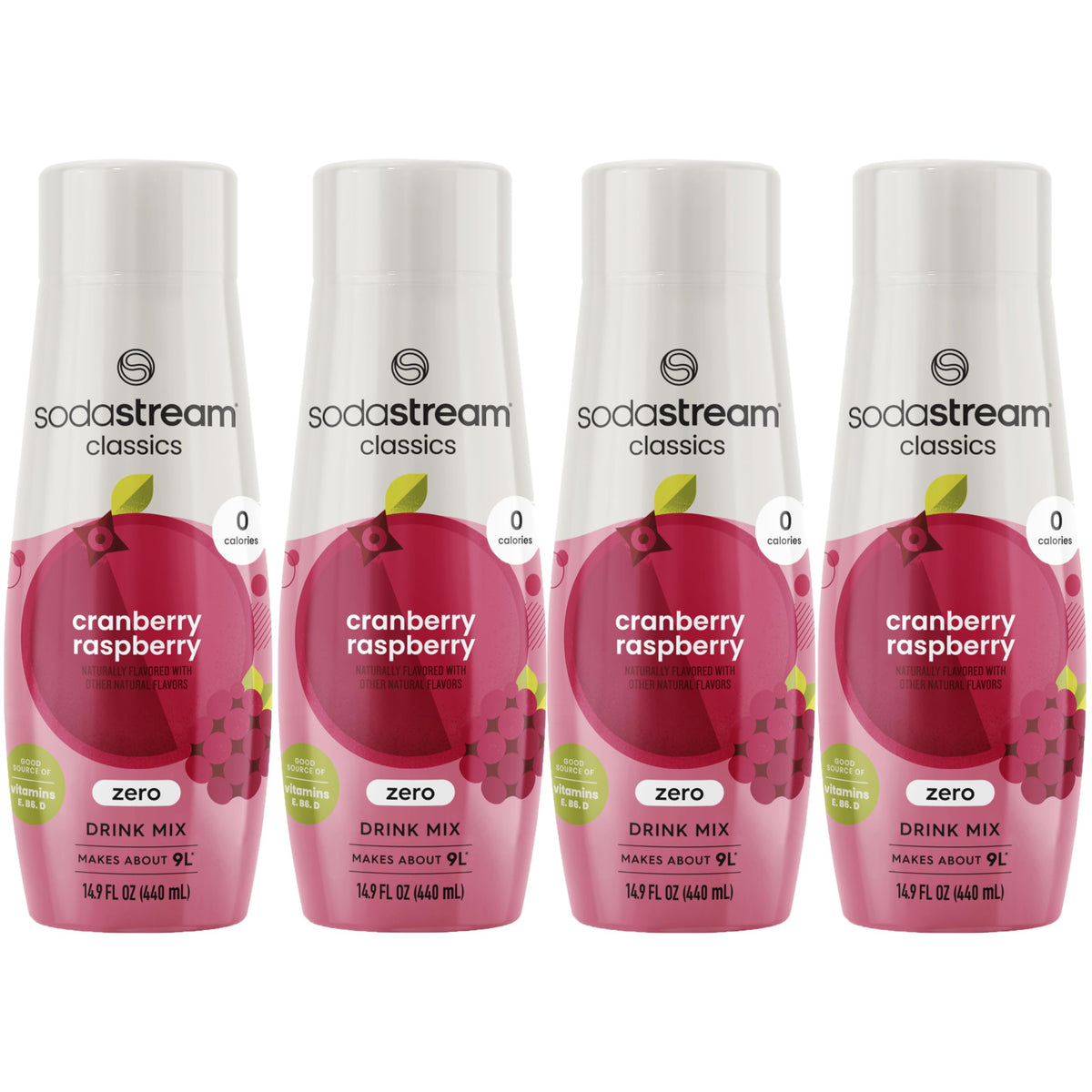 SodaStream Cranberry Raspberry Zero Calorie 4-pack front view for healthier sparkling water options.