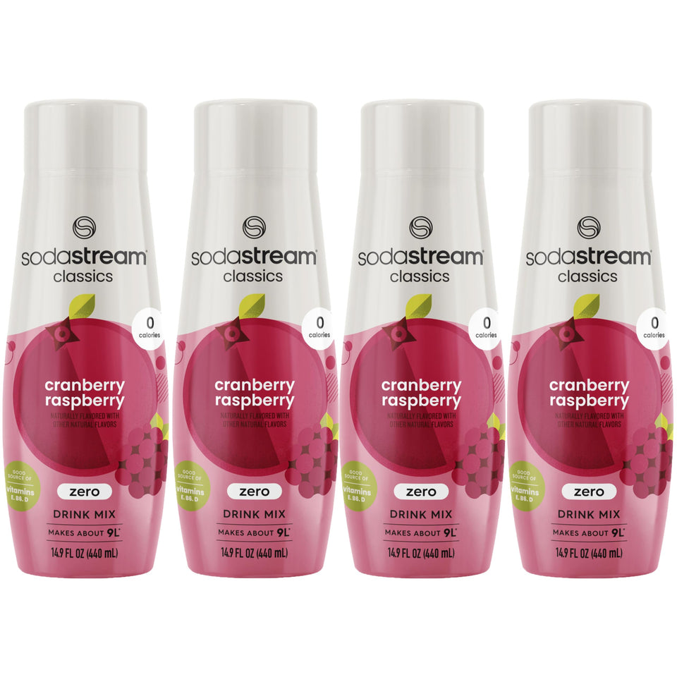 SodaStream Cranberry Raspberry Zero Calorie 4-pack front view for healthier sparkling water options.