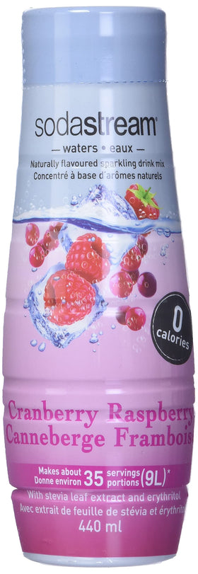 SodaStream Cranberry Raspberry Zero Calorie Syrup bottle adds flavorful sparkling water at home.