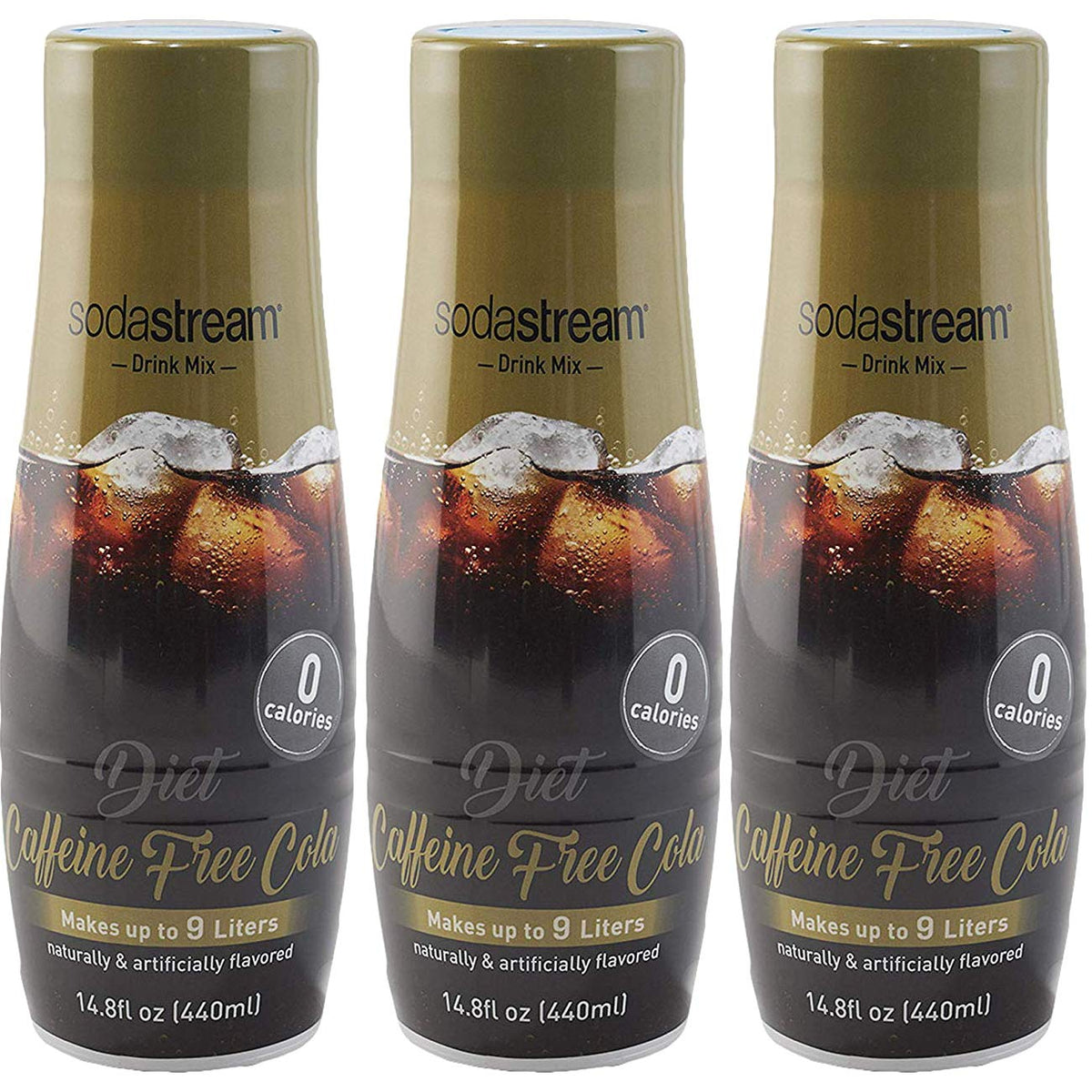 SodaStream Diet Caffeine Free Cola 3-pack packaging highlights zero calories.