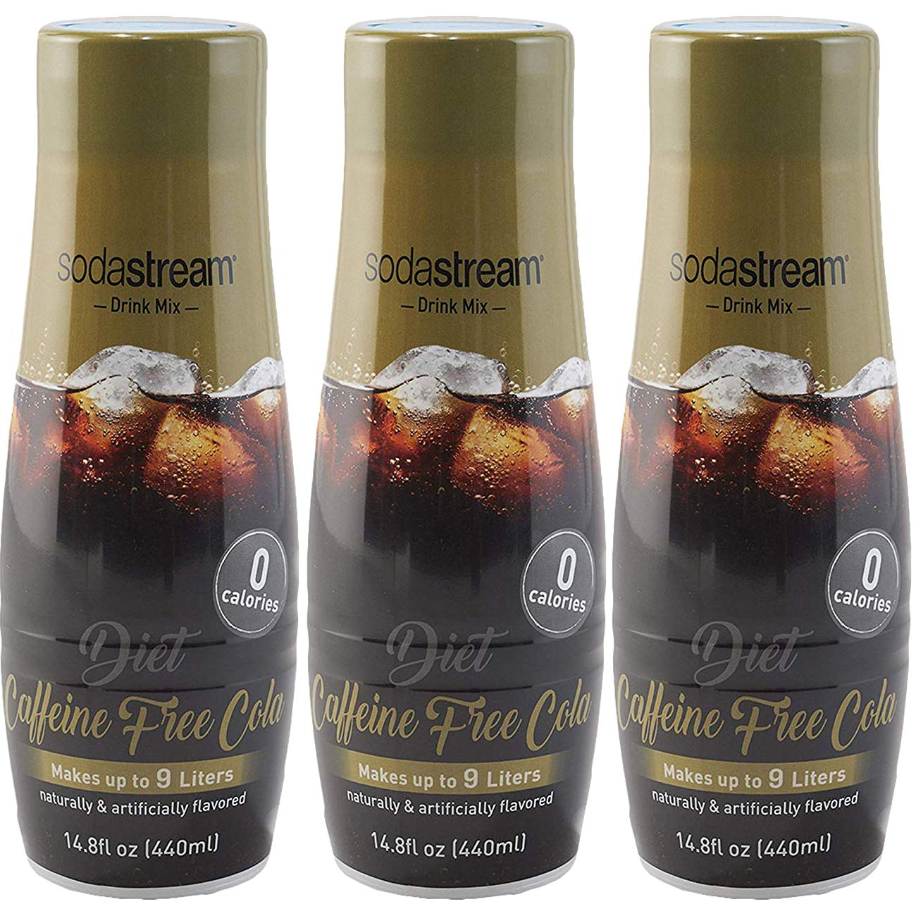 SodaStream Diet Caffeine Free Cola 3-pack packaging highlights zero calories.
