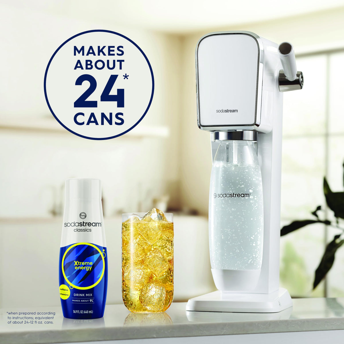 SodaStream Energy 440ml 4-pack on kitchen counter ready for flavoring