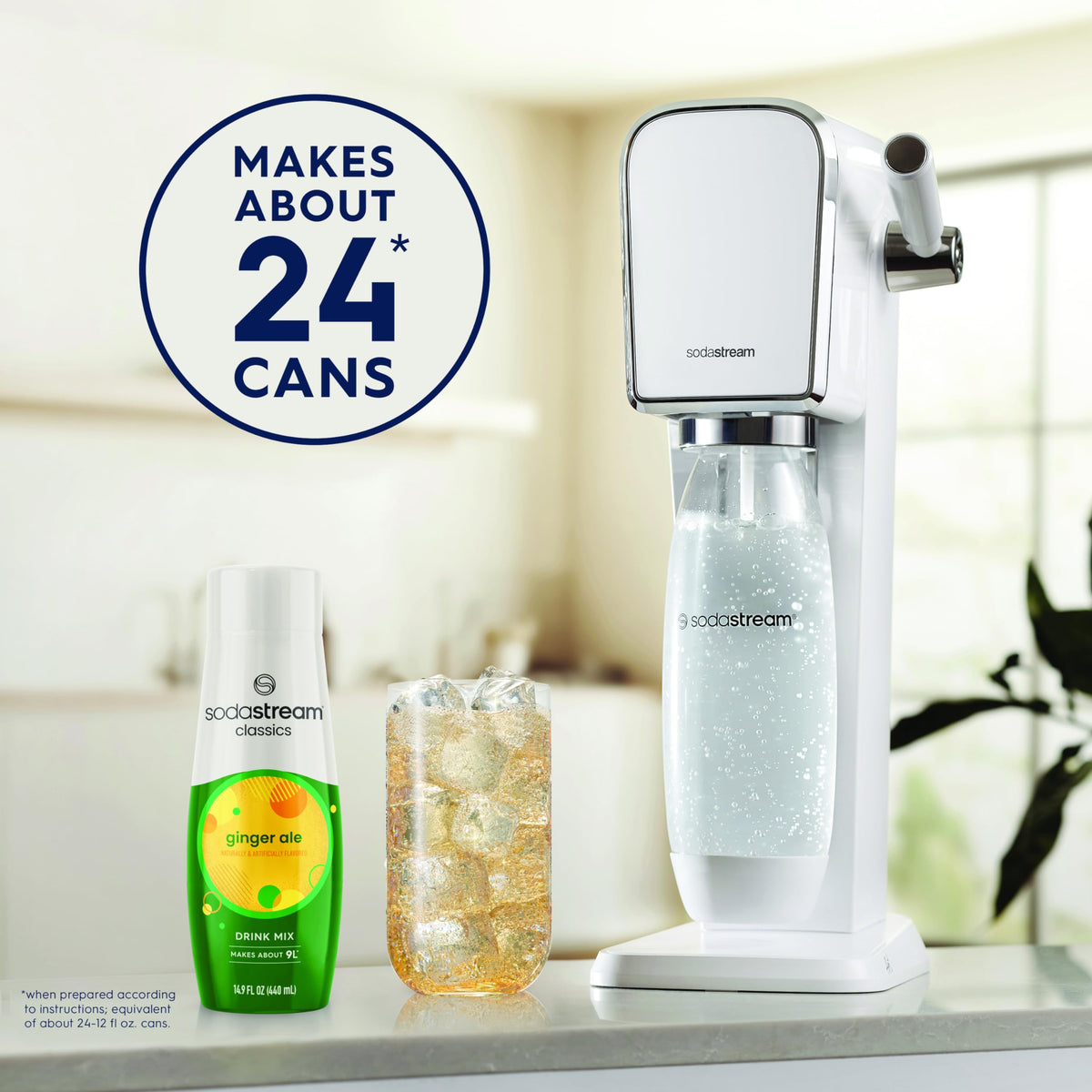 Close-up of the SodaStream Ginger Ale bottle showing fizz and aroma.