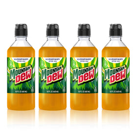 SodaStream Mountain Dew New Pour Bottle 4-pack ready for at-home fizz and flavor.