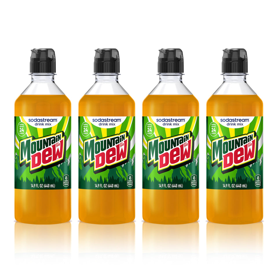 SodaStream Mountain Dew New Pour Bottle 4-pack ready for at-home fizz and flavor.