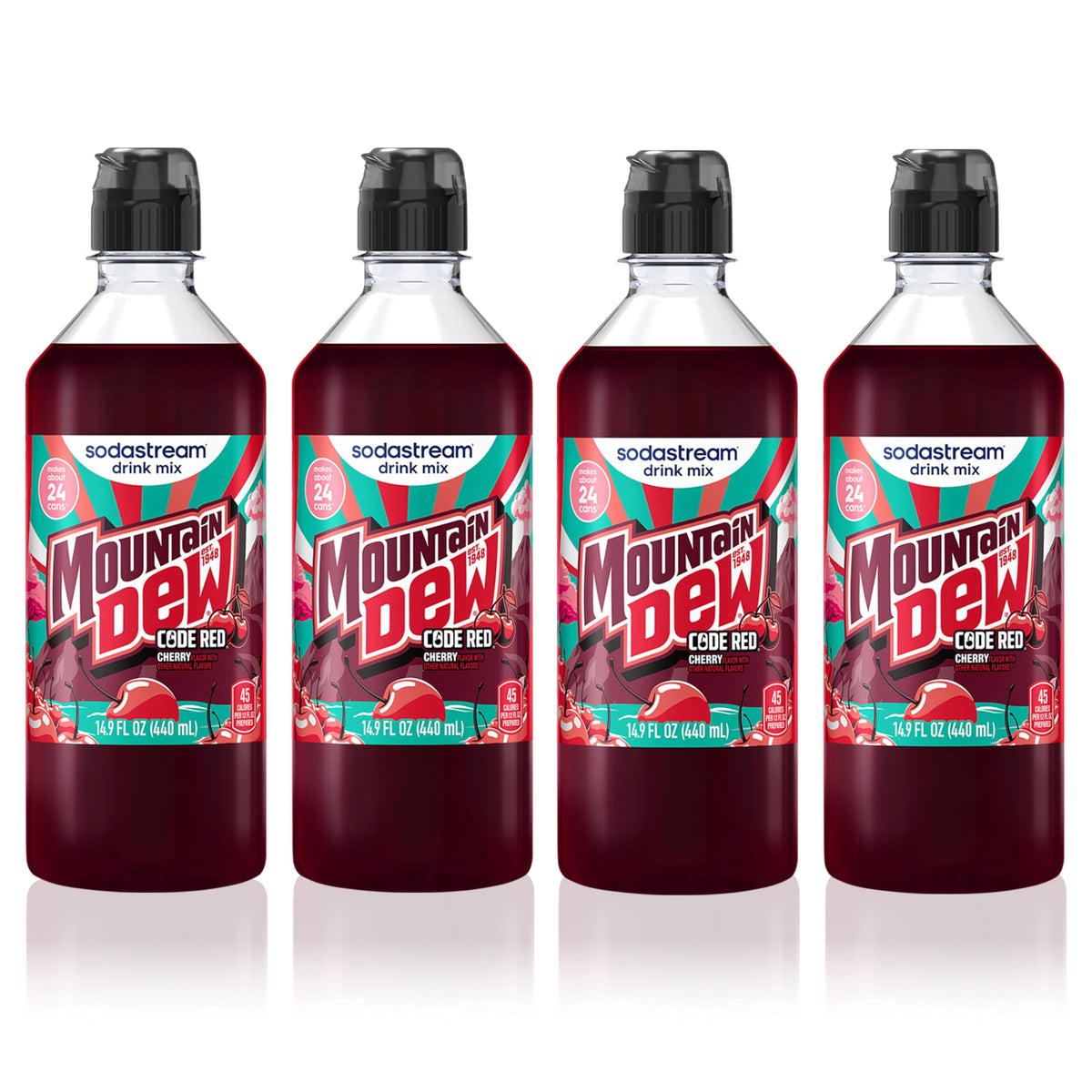 SodaStream MTN Dew Code Red four-pack bottles for at-home flavor customization.