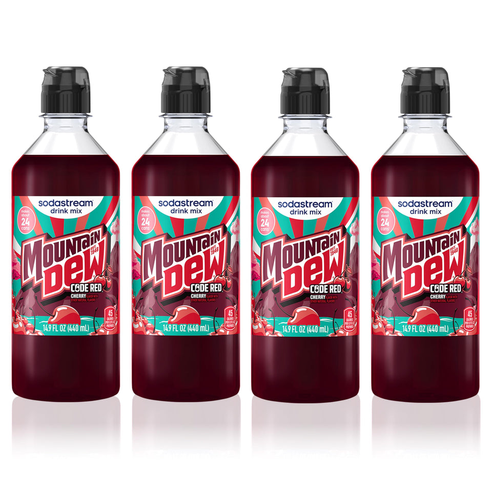 SodaStream MTN Dew Code Red four-pack bottles for at-home flavor customization.