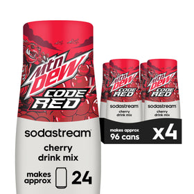 Sodastream MTN Dew Code Red drink mix bottle on counter for bold home flavoring.
