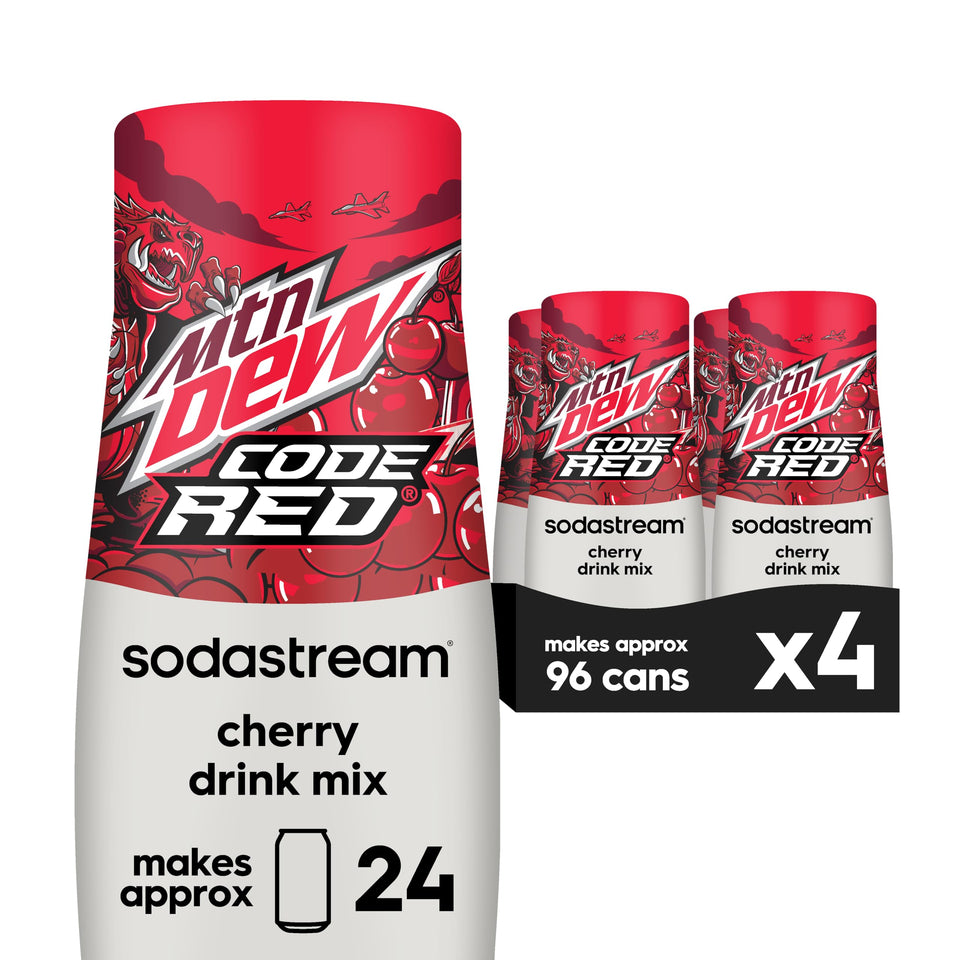 Sodastream MTN Dew Code Red drink mix bottle on counter for bold home flavoring.