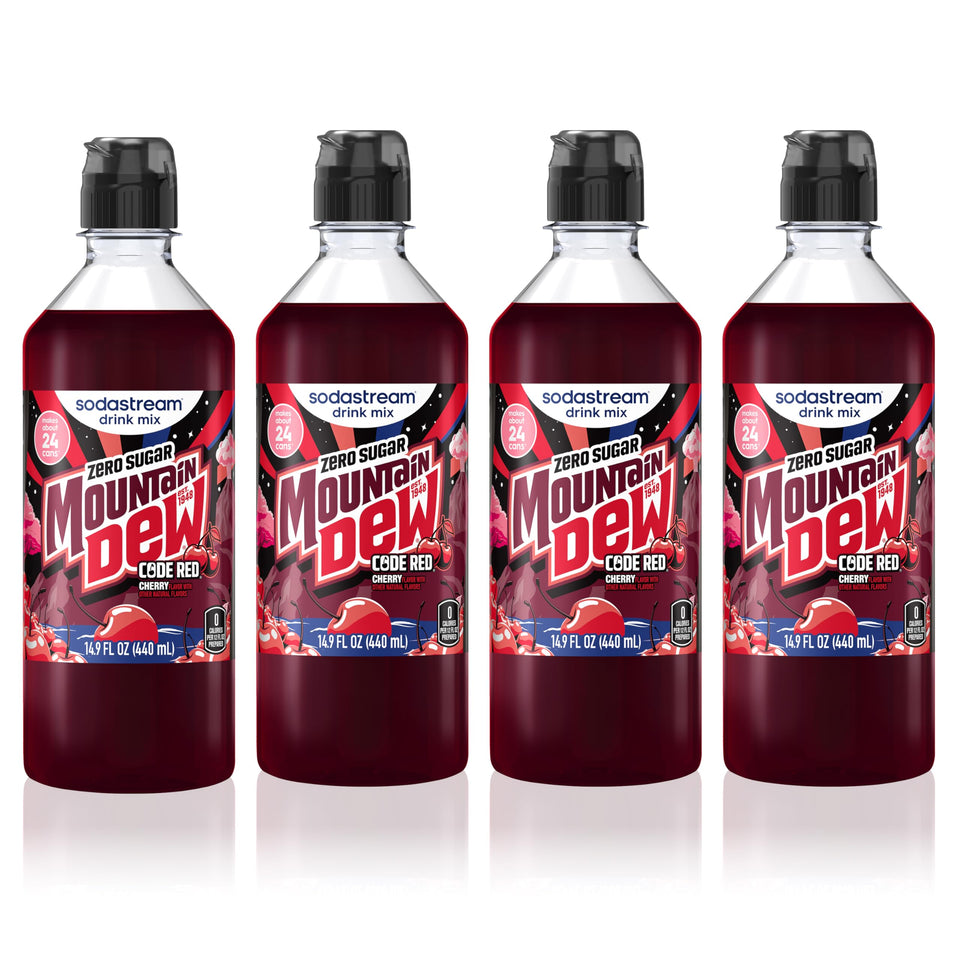 SodaStream MTN Dew Code Red Zero bottle for zero-calorie fizzy drinks at home.