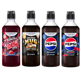SodaStream MTN Dew Code Red Zero bottle pouring for calorie-free refreshment