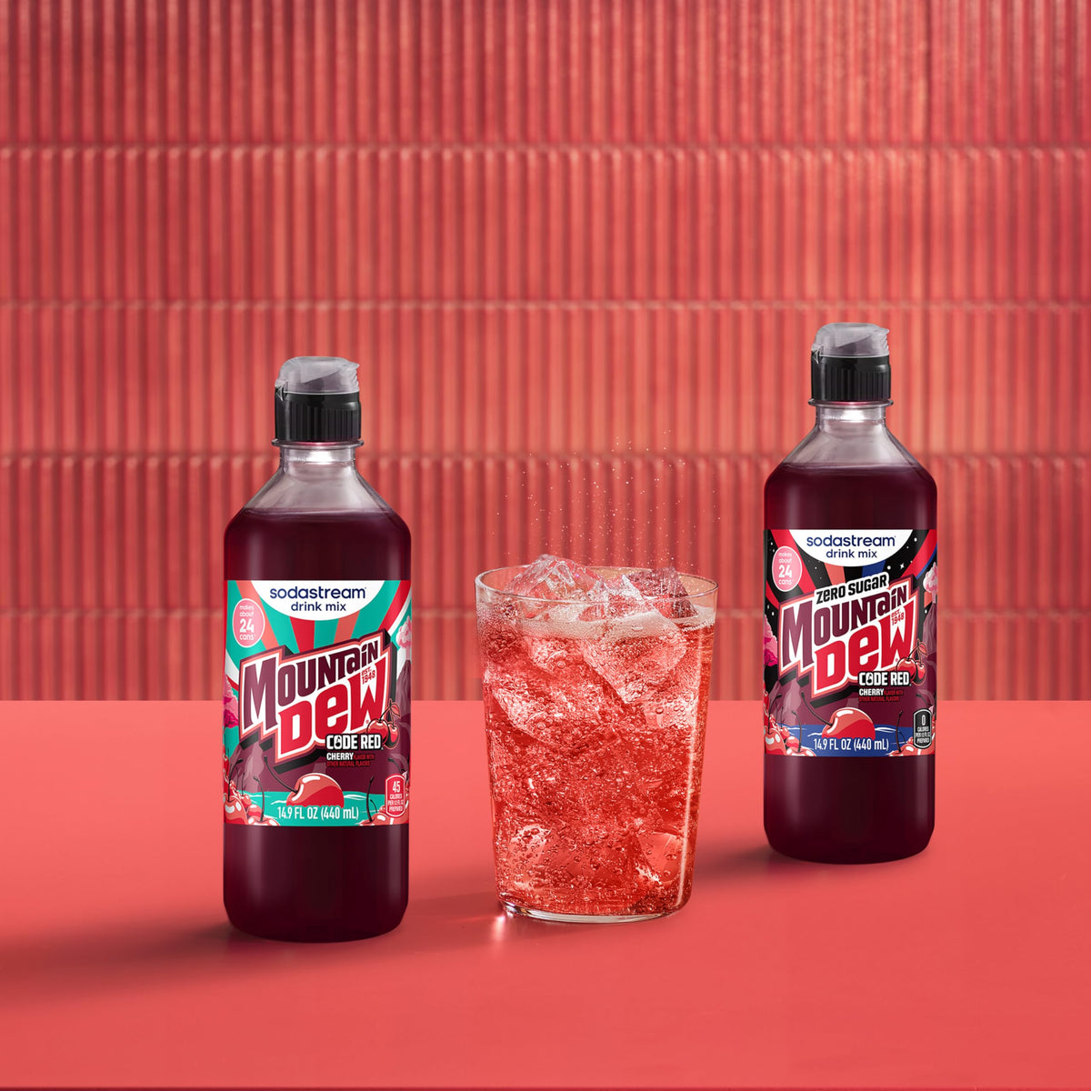 Zero-calorie MTN Dew Code Red option for at-home refreshment.